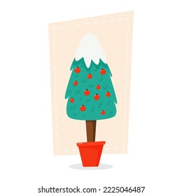 Snow-covered Christmas tree in a pot. Vector illustration in cartoon style