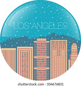 Snow-covered city before holidays in Los Angeles city. Colorful flat style panorama buildings of metropolis. Big city for background of games. Vector flat illustration snow falling in street 