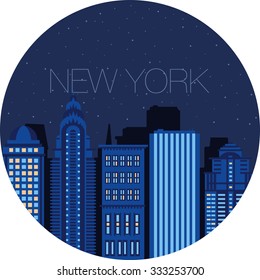 Snow-covered city before holidays in New York city. Colorful flat style panorama buildings of metropolis. Big city for background of games. Vector flat illustration snow falling in street 