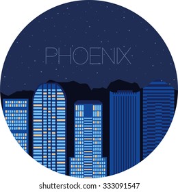 Snow-covered city before holidays in Phoenix city. Colorful flat style panorama buildings of Arizona. Big city for background of games. Vector flat illustration snow falling in street 