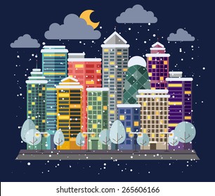 Snow-covered city. Color panoramic illustration.