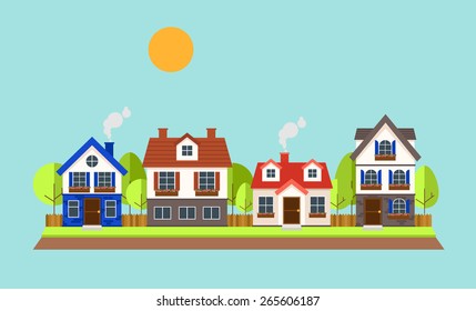 Snow-covered city. Color panoramic illustration.