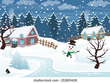 Snow-covered cottages and snowman in the foreground. Winter rural landscape