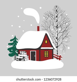 
Snow-covered Cozy Cabin, High Birch, Spruce And Firewood. Vector Winter Illustration.
