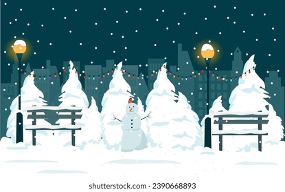 A snow-covered evening city park with illumination, colored garlands, lanterns, a snowman. Vector illustration.