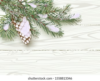 Snow-covered green Christmas tree branch with a cone on background of white wooden boards. Vector illustration