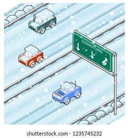 Snow-covered highway during snowfall with three cars driving slowly (vector cartoon)