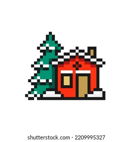 Snow-covered house with Christmas fir tree icon in pixel art design isolated on white background, Christmas and New Year vector sign symbol.