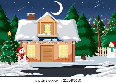 Snow-covered a house and decorated with Christmas decorations illustration