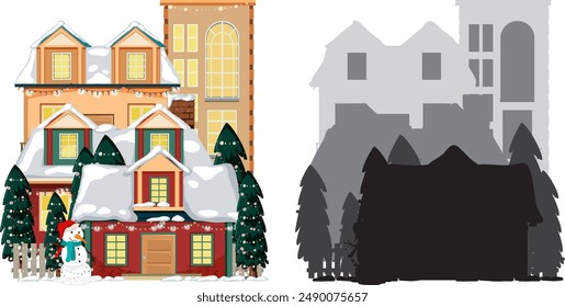 Snow-covered house with festive decorations