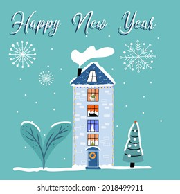 Snow-covered house four floors, hand drawing, christmas, pine, fir tree, snow falls, snow covered tree, snowflakes, inscription happy new year