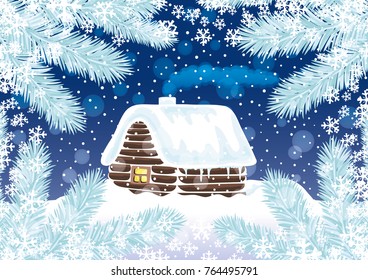 Snow-covered house on a blue background.