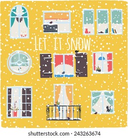 Snow-covered house. Winter greeting card with the city Windows.