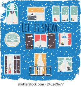 Snow-covered house. Winter greeting card with the city Windows.