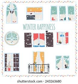 Snow-covered house. Winter greeting card with the city Windows.