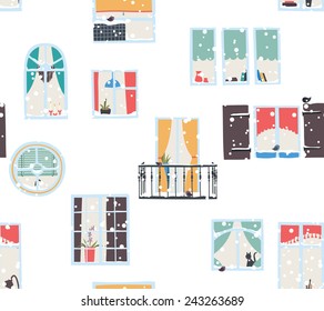 Snow-covered house. Winter urban seamless pattern with Windows.