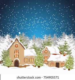 Snow-covered houses with burning windows near the spruce forest. New Year's and Christmas. Winter vectorial landscape.