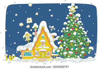 Snow-covered little house with a smoking chimney and a decorated Christmas tree on a snowy winter day in a village, vector cartoon illustration