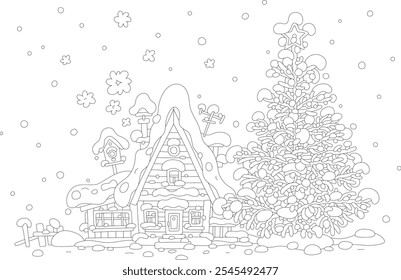 Snow-covered little house with a smoking chimney and a decorated Christmas tree on a snowy winter day in a village, black and white outline vector cartoon illustration for a coloring book