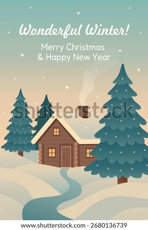A snow-covered log cabin in the forest, surrounded by fir trees and snow. Vector illustration, perfect for greeting cards, such as Christmas, New Year's, or cozy winter landscapes