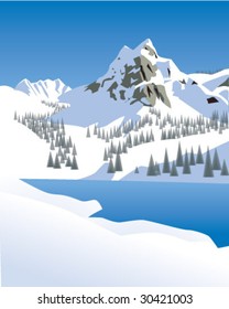 Snow-covered mountain and lake