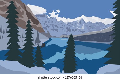 Snow-covered mountain and lake abstract vector, illustrations