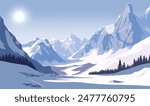 Snow-covered mountain landscape with trees under a bright sun, in vector graphic style, on a clear blue sky background. Concept of natural winter scenery. Vector illustration