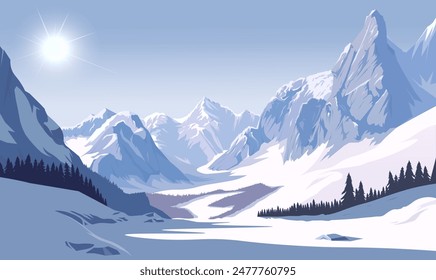 Snow-covered mountain landscape with trees under a bright sun, in vector graphic style, on a clear blue sky background. Concept of natural winter scenery. Vector illustration