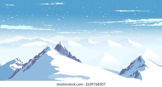 Snow-covered mountain peaks in a cartoon style with a blue sky and falling snow in the background. Concept of winter wilderness. Vector illustration