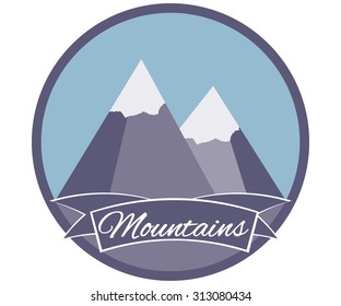 Snow-covered mountain peaks, logo, label. Vector illustration.