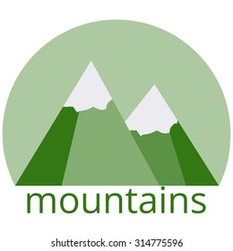 Snow-covered mountain peaks, logo, label. Two mountains on a green background. Vector illustration. 