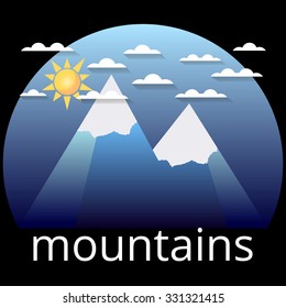 Snow-covered mountain peaks, logo, label. The sun, clouds and two peaks on a blue background. Vector illustration.