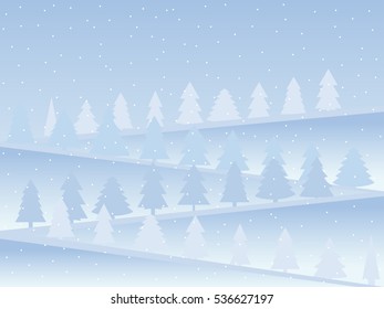 Snow-covered mountains with Christmas trees. Snow landscape in flat style. Vector illustration.
