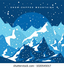 Snow-covered mountains with a falling snow in the night against the background of the moon