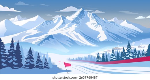 Snow-covered mountains with ski slope, pine trees, and village in flat graphic style on a bright winter blue background. Concept of skiing resort. Vector illustration