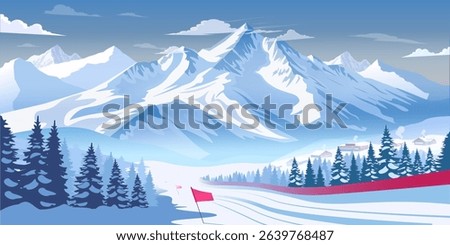 Snow-covered mountains with ski slope, pine trees, and village in flat graphic style on a bright winter blue background. Concept of skiing resort. Vector illustration