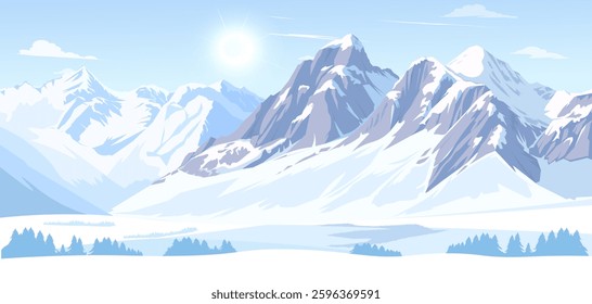 Snow-covered mountains under bright sun in winter landscape. Vector illustration