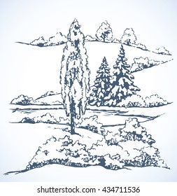 Snowcovered noel wintertime firtree on riverbank on white backdrop. Freehand outline ink hand drawn picture sketchy in art scrawl vintage style pen on paper. Scenic view and space for text on grey sky