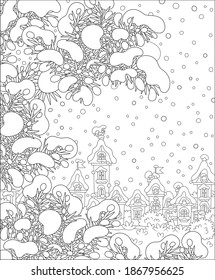 Snow-covered prickly fir branches in a snowy winter park of a small pretty town on a beautiful frosty day, black and white outline vector cartoon illustration for a coloring book page