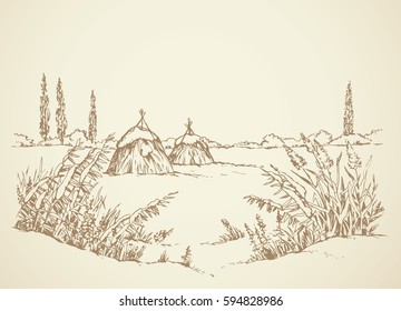 Snowcovered quiet wintertime scene. Tranquil xmas day. Freehand outline ink hand drawn picture sketchy in art scribble retro style pen on paper. Scenic view with space for text on light sky backdrop