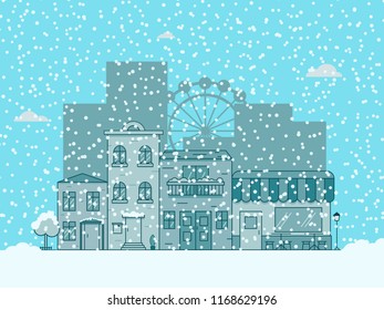 Snow-covered small town with cafes and buildings. Suburb. Vector flat illustration.