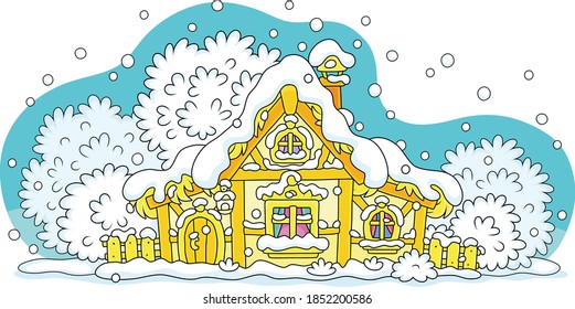 Snow-covered small wooden house from a fairytale on a snowy and frosty winter night on Christmas Eve, vector cartoon illustration isolated on a white background