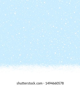 Snow-covered Snowy, Snowbound Ground Background Landscape, Horizontal Seamless Winter Border. Blue Sky With Falling Snow, Snowfall, Uneven Dots, Round Tiny Snowflakes Texture. Brush Hand Drawn Edge.