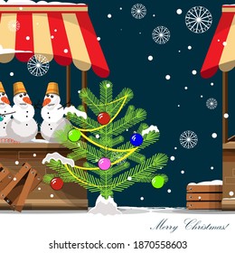 A snow-covered spruce, decorated with colorful balls, stands in the middle of the shopping arcade. Next to her are cartoon snowmen on the counter. It's Christmas evening, it's snowing. Vector 