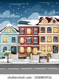 Snow-covered street with colorful houses fire hydrant lights bench and bushes in vases cartoon style vector illustration website page and mobile app design.