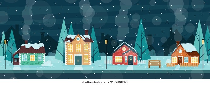 A snow-covered street with cozy houses decorated for Christmas.. Winter evening in the village. 