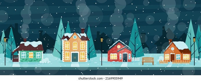 A snow-covered street with cozy houses. Winter evening in the village. 