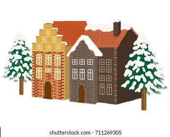Snow-covered street in the old town. Vector Illustration.