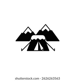 Schneebedecktes Zelt mit Berghintergrund, kaltes Abenteuer-Symbol