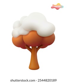 Un árbol cubierto de nieve aislado sobre un fondo blanco. Árbol 3D en estilo de dibujos animados de plástico. Ilustración vectorial